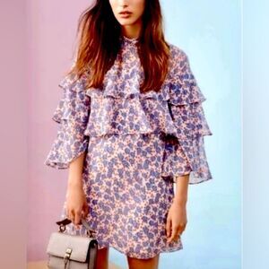 Rebecca Minkoff Darcy Dress Floral Print Ruffled Bell Sleeves Pink Blue Size M